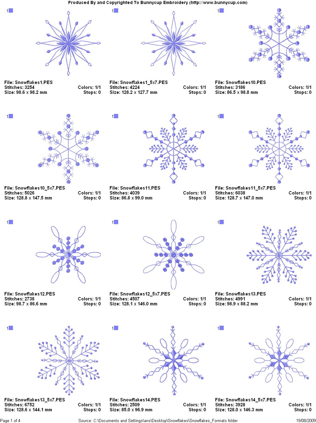 Snowflake Designs Size Chart